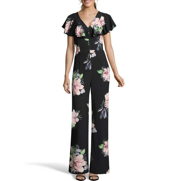 Roz & Ali Flutter Sleeve Floral Jumpsuit in Black/Pink Size 10 - Picture 2 of 5
